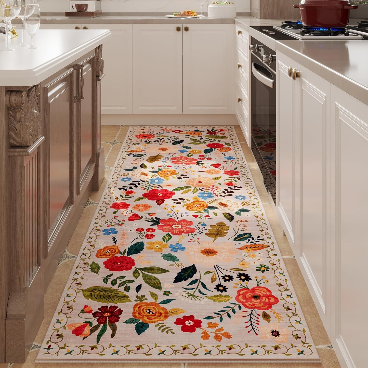 Commercial Kitchen Background - Tappeto Vintage Floreale Beige con Motivo
